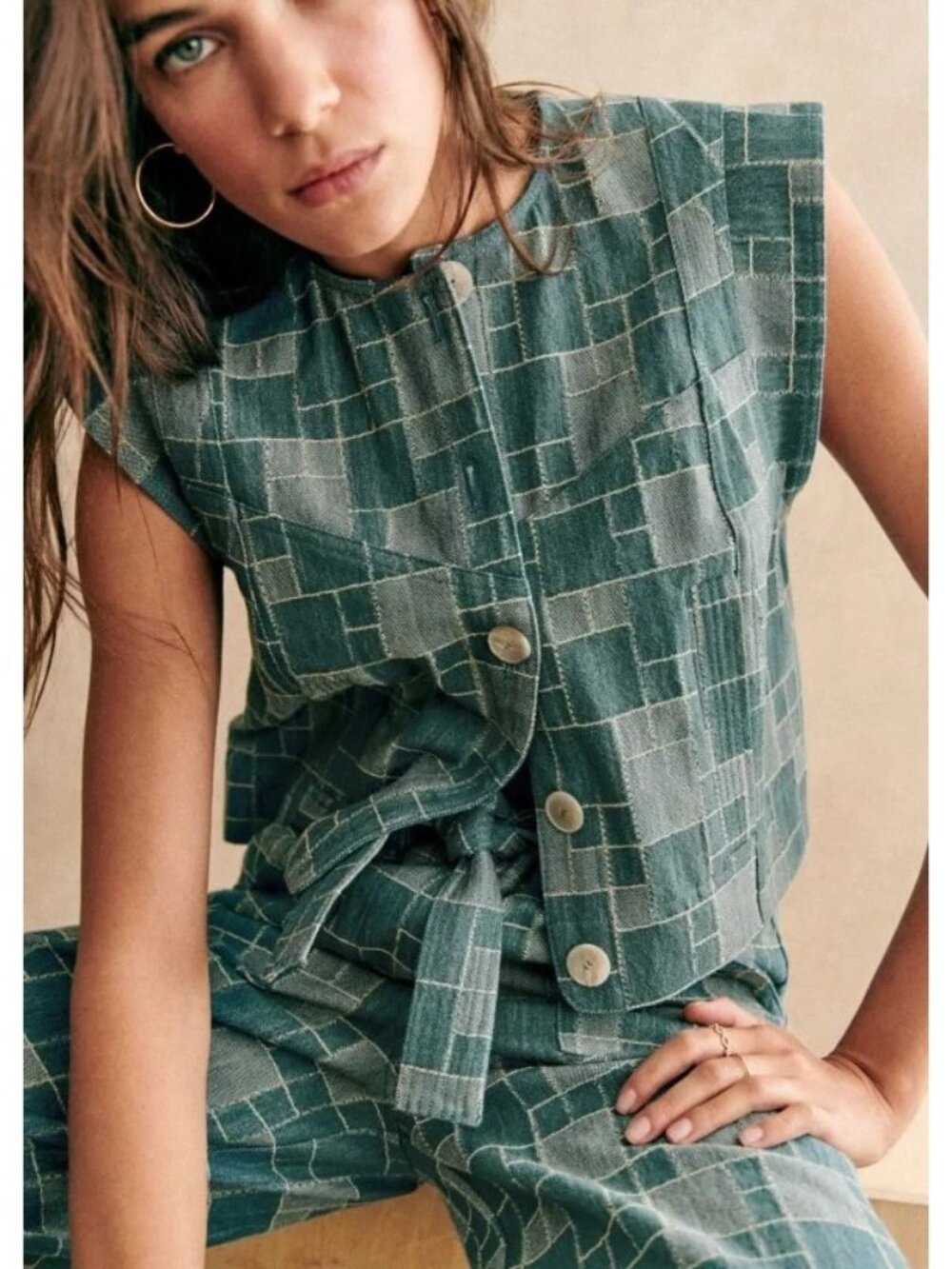 NWT Sezane Timothé Jacket in Blue Denim Patchwork Vest Top M